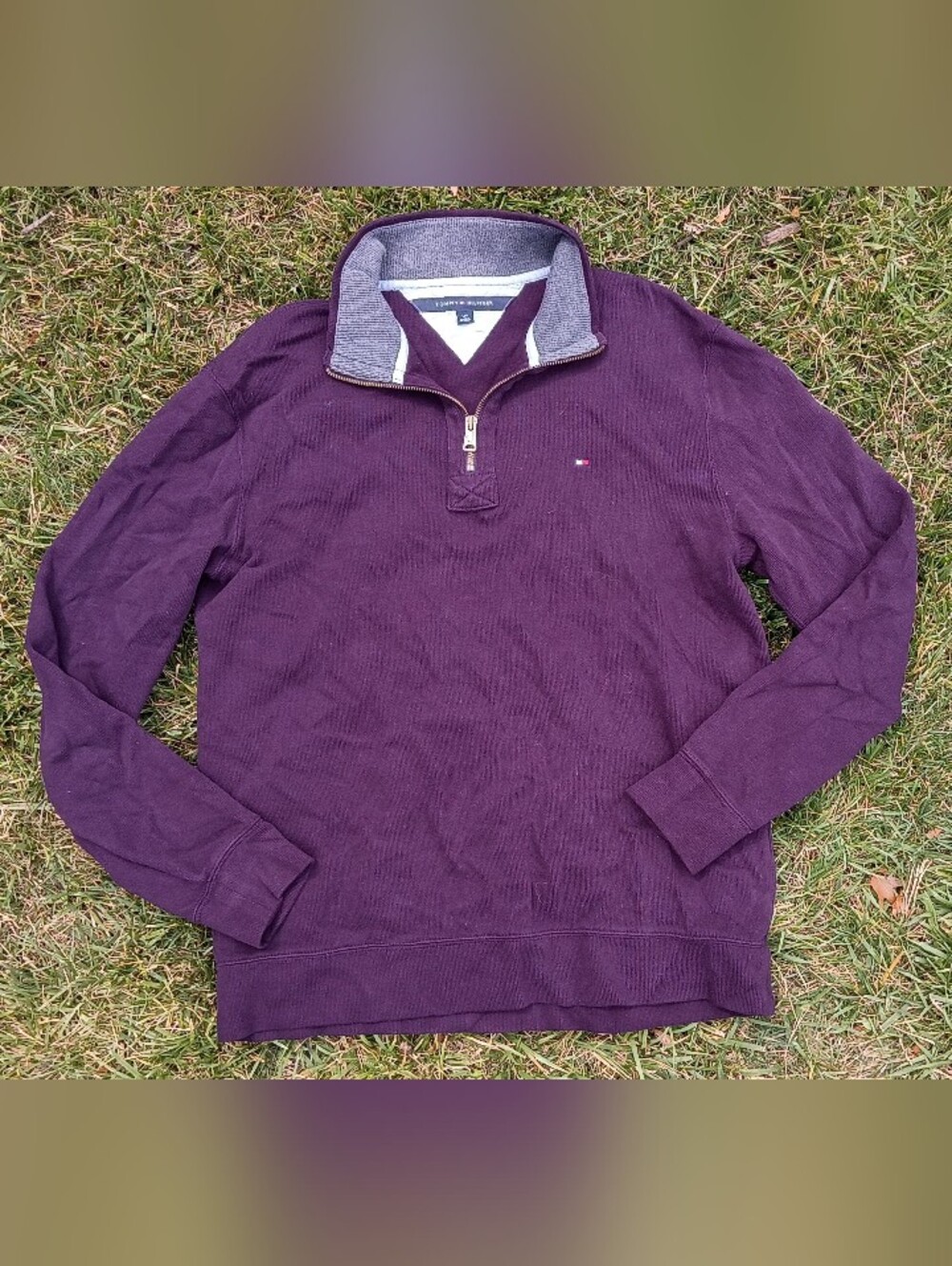 Tommy Hilfiger Burgundy Quarter Zip Mock Neck Sweatshirt Preppy Classic Large - Picture 1 of 14